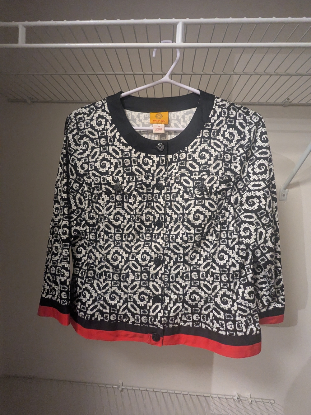 Ruby Rd Black & White Patterned Jacket with Red Trim